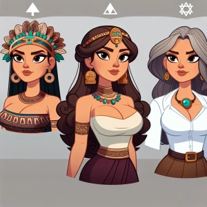 Design a character that blends Aztec, Maya, and Ashkenazi Jewish heritage, characterized by an intelligent expression and captivating presence, with a curvaceous figure and ample bust.