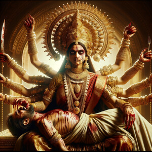 portrait of angry looking, four-armed indian goddess sitting on...