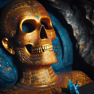 An ancient golden corpse lying in a tomb, adorned with intricate...