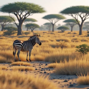 a zebra grazing in a sunlit savanna, surrounded by tall golden g...