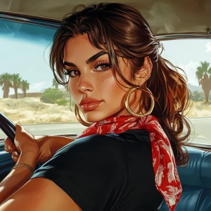Lucia from GTA, not a pretty girl with brown hair, thick eyebrow...