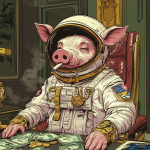 Cute cartoon pig in vintage white spacesuit and NASA style helme...