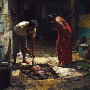 A muscular sweaty gujarati man digging floor while her 50 year o...