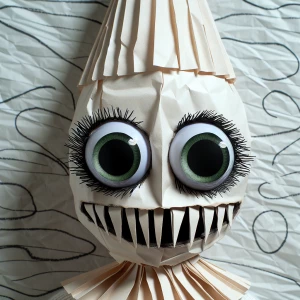 Person with big round green eyes wearing a paper mask that has a...