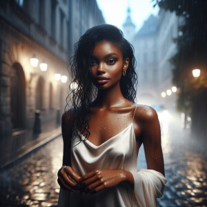 A cinematic scene featuring an African American woman with water...