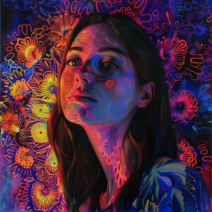 A portrait of a woman against a detailed mandala pattern glowing...