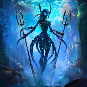 Create an image of an alien girl with eight legs, each holding a...