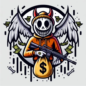 Design a cartoon-style circular logo featuring a cheeky demon we...