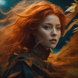 A witch with ginger hair, fair skin and an hour glass figure fly...