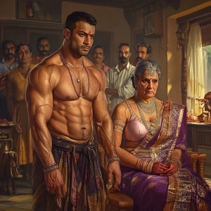 Digital art, a muscular sweaty man with a well-built physique se...