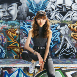 teenage girl, long brown hair and bangs, wearing tight skinny jeans and a halter top paint marks on her clothing, heroic pose Asian graffiti background, nearing on one knee