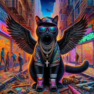 A menacing black cat, with wings,  shades and hip-hop clothing a...