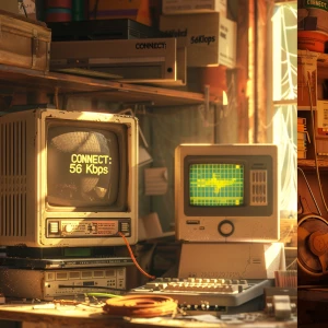 Dusty garage at sunset, shelves cluttered with forgotten vintage...
