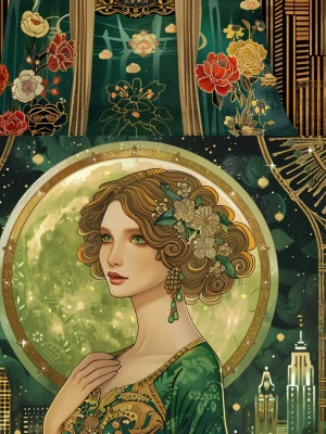 portrait of a celestial Art Deco heroine, emerald green and gold...