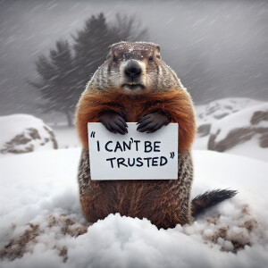 Prompt groundhog having a bad day in a snowstorm in Texas holdin...