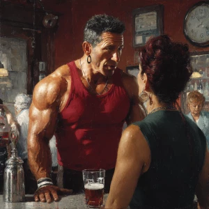Hyperrealism,sharp painting,a muscular sweaty beefy man standing...