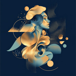 Surreal vector art of a female figure made of liquid gold, morph...