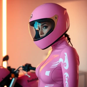 Close up shot of a woman wearing a barbie pink latex outfit and...