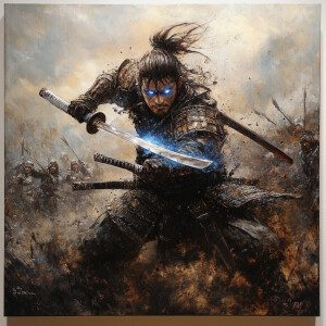 samurai with igniting sword and blue eyes, fighting against enor...