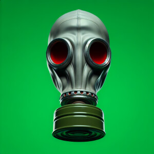 A straight on shot of a singular gas mask with red eyes floating...