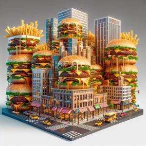 Create a 3D, 8K UHD image of a cityscape where all buildings and...