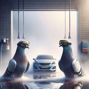 A whimsical scene of two pigeons with flight goggles sitting out...