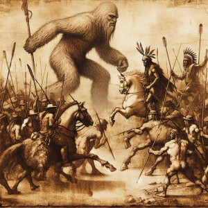 Native American warriors in combat with Sasquatch-like creatures