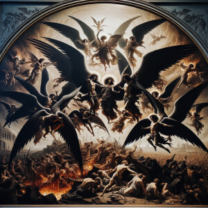A group of majestic ebony archangels, their dark wings spread wi...