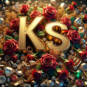 Create a 3-D realistic image with the letters  K.S. in gold raised letters and add some red roses. Add diamonds and colorful jewels