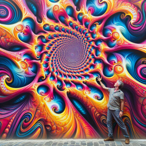 A middle-aged white man sits against a wall with graffiti. psych...