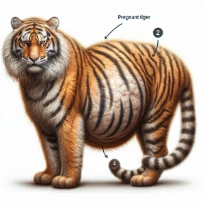 Realistic female tiger that is very furry and is heavily pregnan...