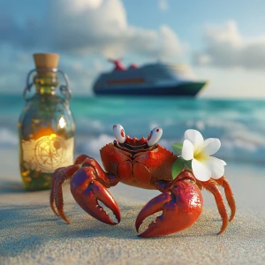 Cute female red crab with coconut shell on her back, white flowe...