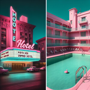 Create one photo frame of a pink themed hotel with a neon sign c...