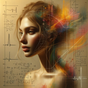 Abstract, minimalist, painting, with pencil line, paint stroke, gestures, colorful marks, mathematical equations, electrical cardiogram, printouts complex math formulas, dna asian teen girl