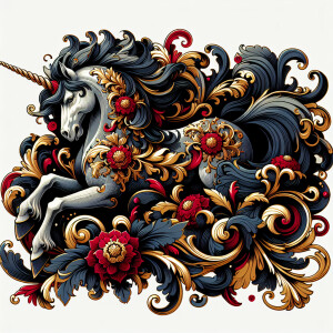 Единорог в готическом стиле еще более готический с золотыми и кр...