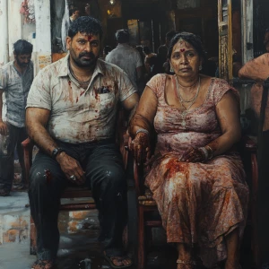 Hyperrealism art style,a muscular beefy dangerous sweaty village...