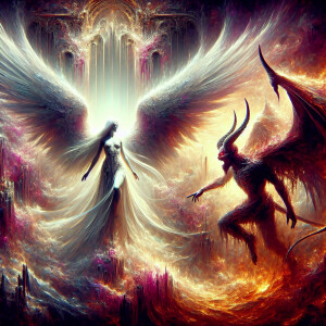 An ethereal fallen angel with majestic wings, bathed in otherwor...