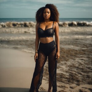 A mulatto woman with huge breasts is standing on the beach. Blac...