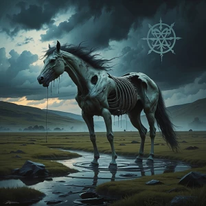 Zombified skeletal horse-beast in a desolate moor under a storm-...
