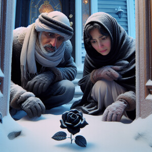 On the threshold of their house, in winter, a man and a woman fo...