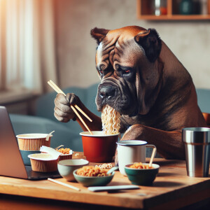 Cane Corso is sitting at the table, staring at the computer scre...