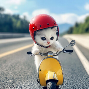 White kitten with black eyes wearing a red helmet, perched atop...