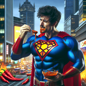 Superman eating chili peppers sauce