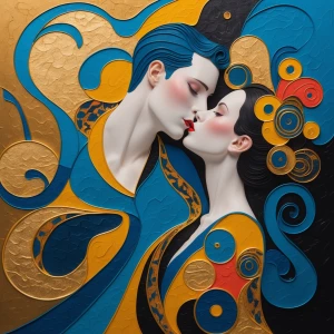 Create an image in style of Gustav Klimt, featuring intricate patterns and bold colors, with a strong emphasis on gold leaf accents and elegant, flowing lines reminiscent of his famous piece "The Kiss".