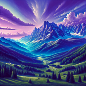 "Tranquil mountain landscape under a vividly bright sky"
