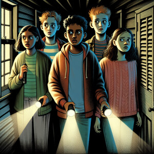 Four teenagers entered a dark gloomy house, their flashlights ar...