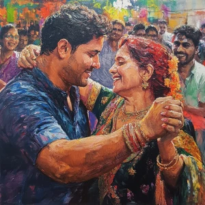 Realism painting,a muscular beefy sweaty gujarati man dancing wi...