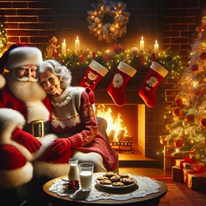 Santa Claus and Mrs. Claus sharing a warm embrace, surrounded by...