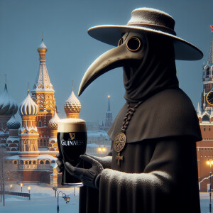 Plague doctor with a pint of Guinness, in Moscow