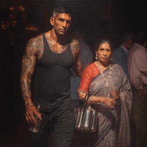 Hyperrealism,sharp painting,A sweaty tattoed muscular man walki...